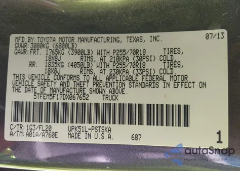 2013 Toyota Tundra Grade 4.6L V8 из США, поврежденный, VIN 5TFEM5F17DX067652